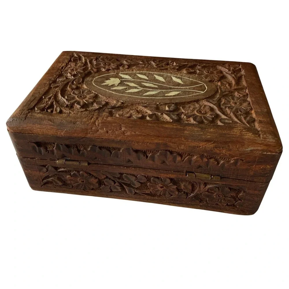 Vintage Hand Carved Floral Wood Plate Tray 9x8 Scalloped Made in India Botanical